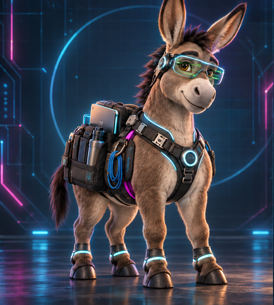 Cyberrito, mascote cyberpunk do TechBurro com código verde no visor