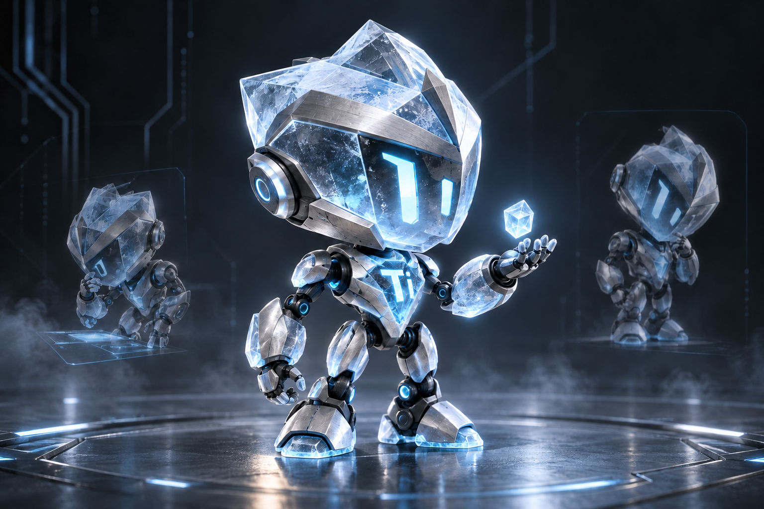 Ti-nkerbot, mascote elemental de gelo da Ti-Cool Brasil com emblema Ti no peito